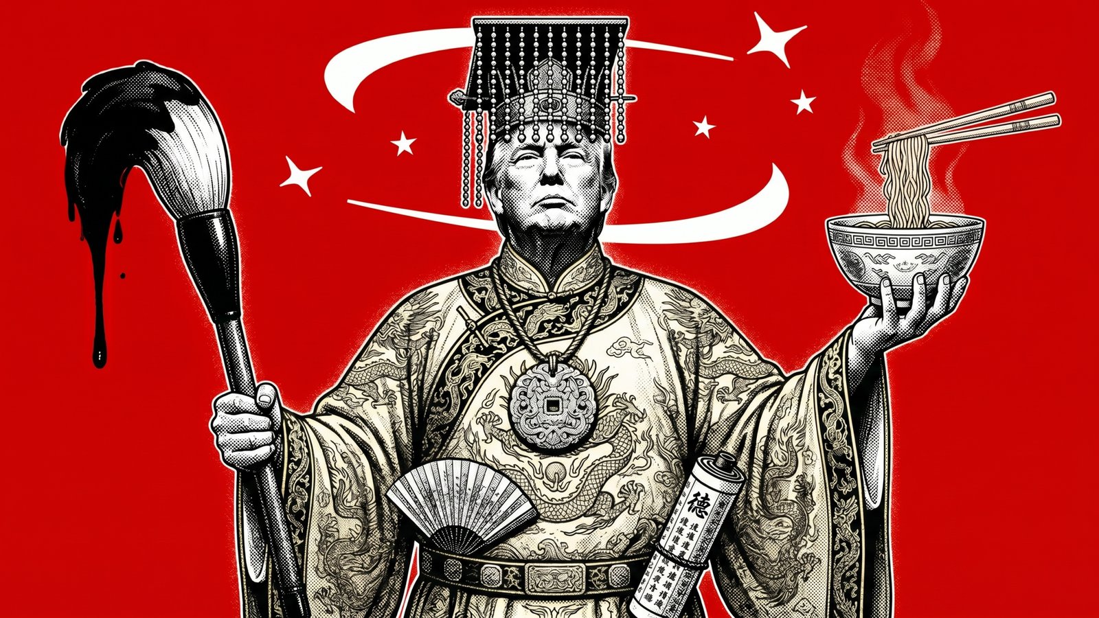 the chinamaxxer holding a calligraphy brush in one hand and a steaming noodle bowl in the other, in ornate ceremonial robes with a fan and edict scroll at the belt