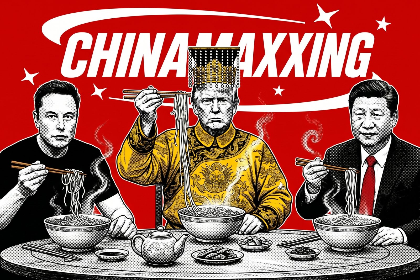 the chinamaxxer at a noodle banquet flanked by Elon Musk on the left and Xi Jinping on the right, all eating noodles, with CHINAMAXXING wordmark behind them