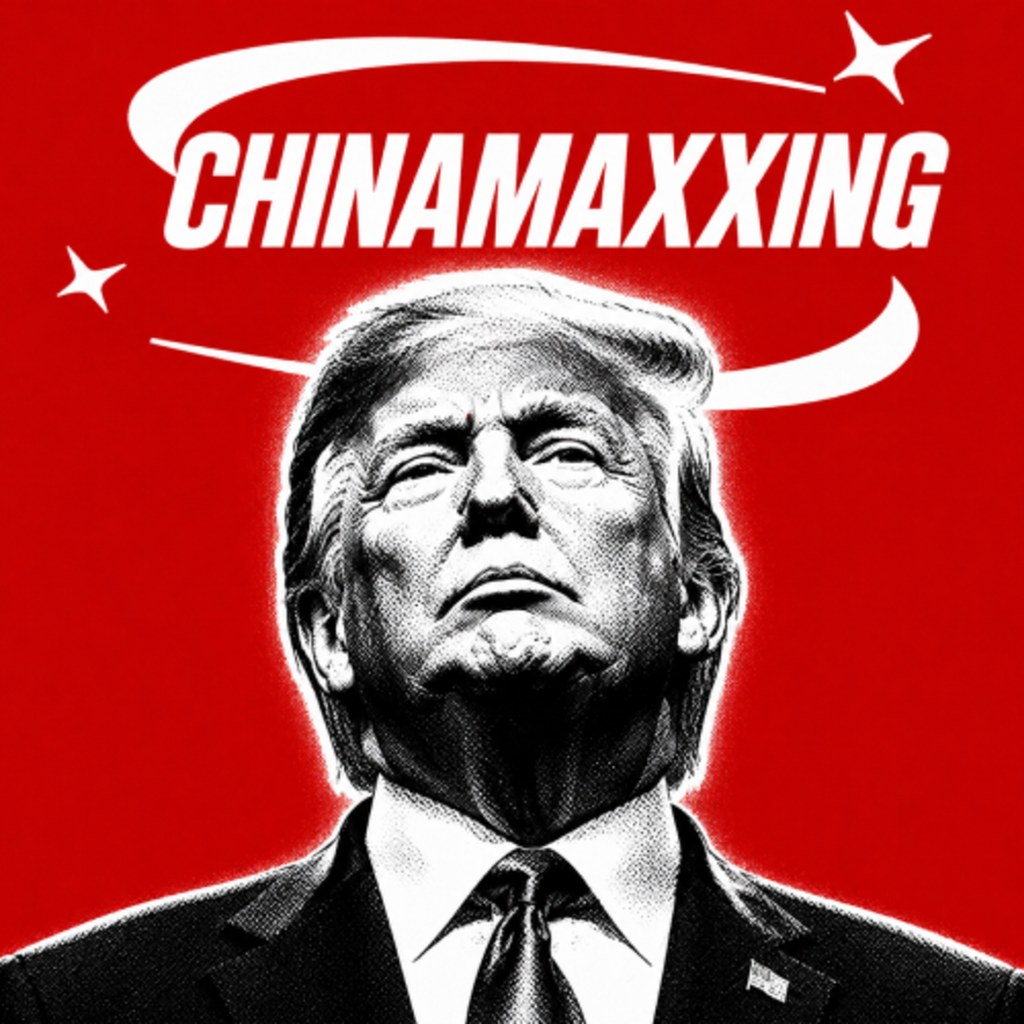 halftone B&W portrait of trump beneath the CHINAMAXXING swoosh wordmark