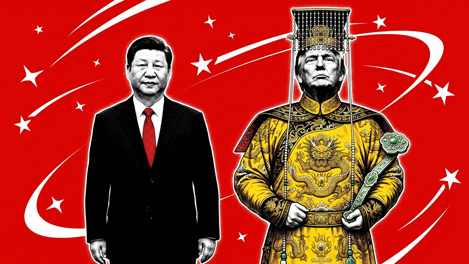 Xi Jinping in a regular suit beside Trump-Emperor in full Qing dynasty robe, crown, and jade scepter, on a red field with stars